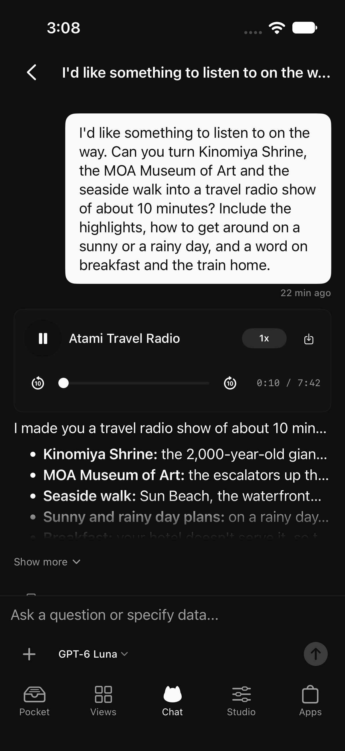 Nora chat playing a roughly eight-minute radio-style guide to the travel spots, breakfast, and the return train on an iPhone in dark mode.